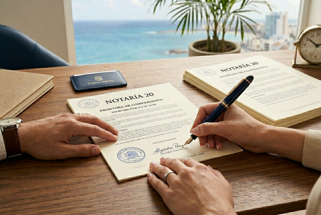 Firma de la escritura de compraventa ante notario en Cancún