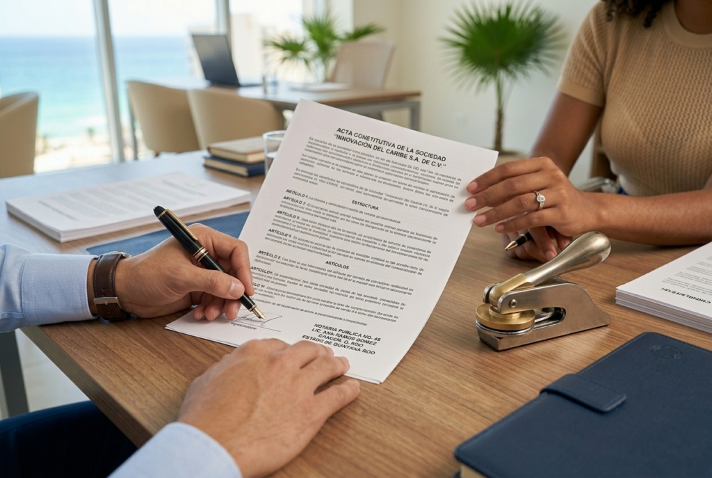 Firma del acta constitutiva de una empresa ante notario en Cancún